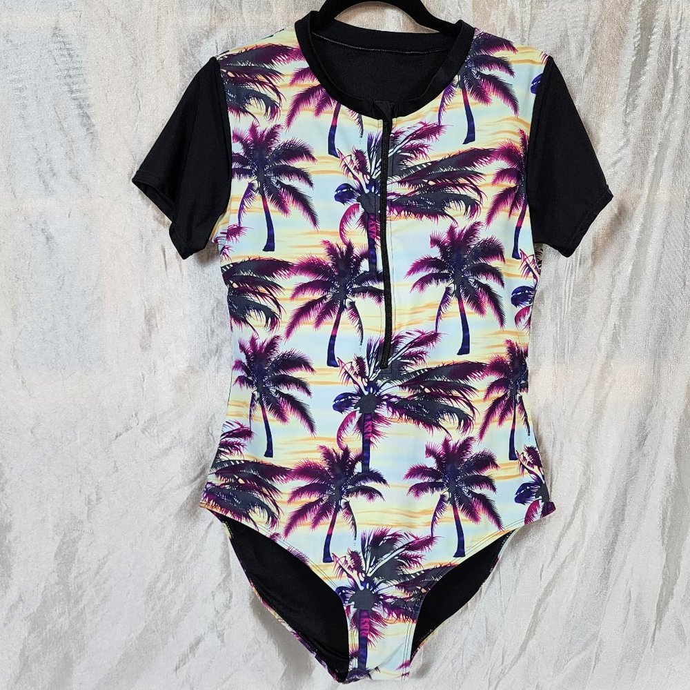 Women's sz XL Zip Front Palm Tree Print Short Sleeve Swim Suit - EXCELLENT